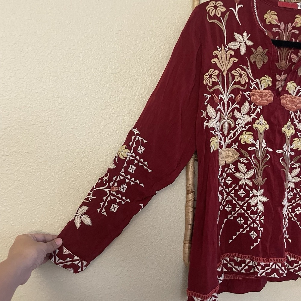 Johnny Was Wine Red Floral Embroidered V-Neck Blouse - Picture 9 of 13